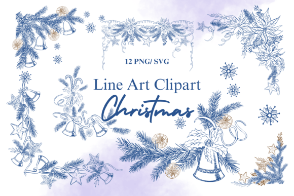 Christmas Blue Line Art SVG Clipart for Illustrations