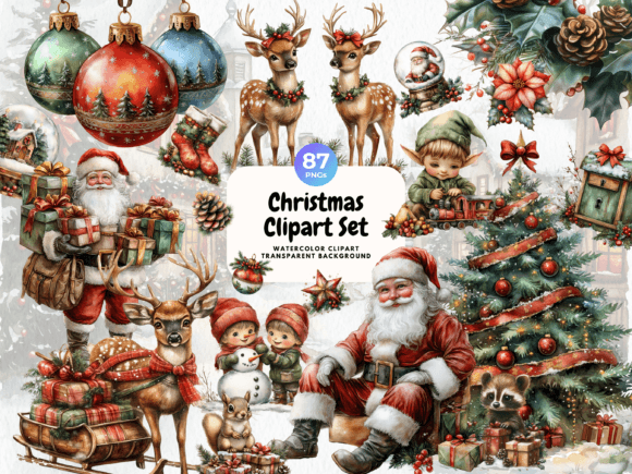 Christmas Set Watercolor Clipart for Illustrations
