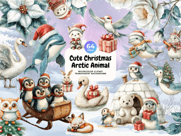 Cute Christmas Arctic Animal Watercolor Illustrations