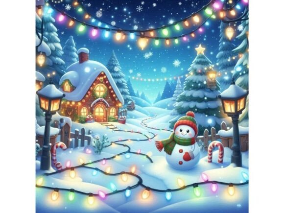Playful Christmas Lights on a Snowy Path Illustrations