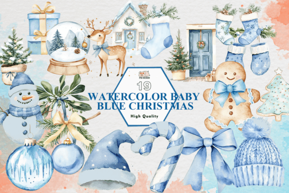 Watercolor Baby Blue Christmas Clipart