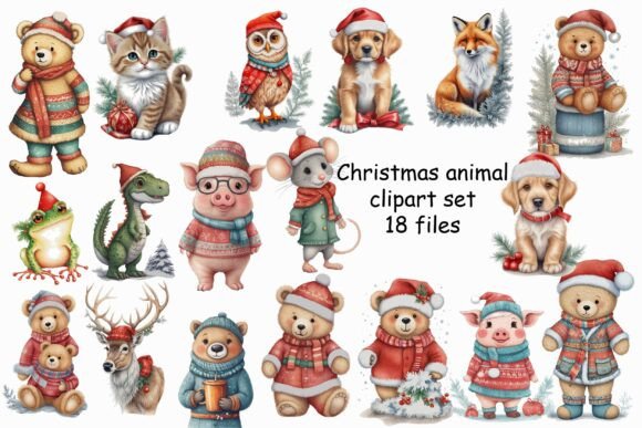 Watercolor Christmas Animal Clipart Set for Illustrations