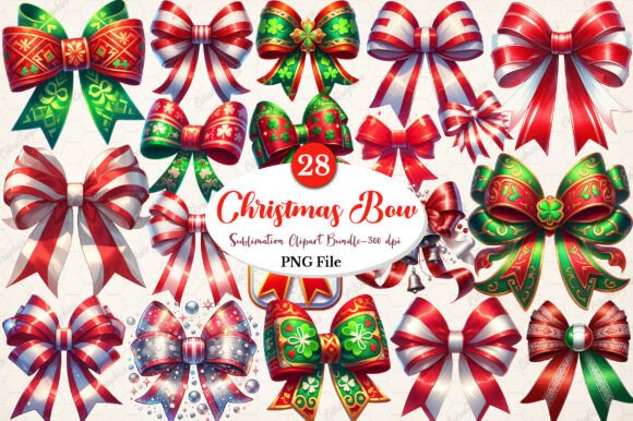 Watercolor Christmas Bow Clipart Bundle for Illustrations