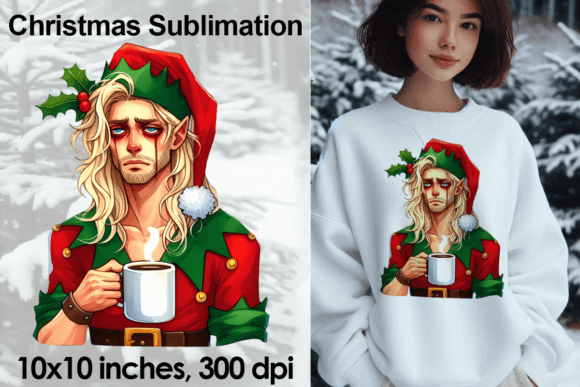 Watercolour Elf Coffee Christmas PNG