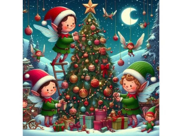 Whimsical Elves Decorating Christmas Tre Illustrations